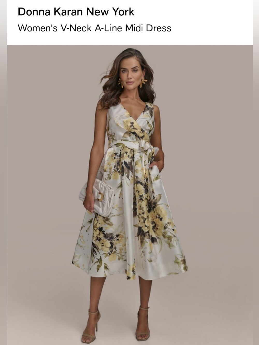 Donna Karan Cream Midi Dress with Yellow Floral Print